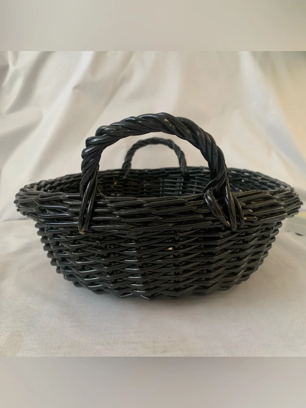 Vintage Wicker Basket Black Oval Woven Handled Storage Tray Cottagecore Farmhous